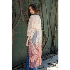 Womens Embroidered Ombre Lace Kimono Boho Sheer 3/4 Sleeve Rose OSFM 48x20